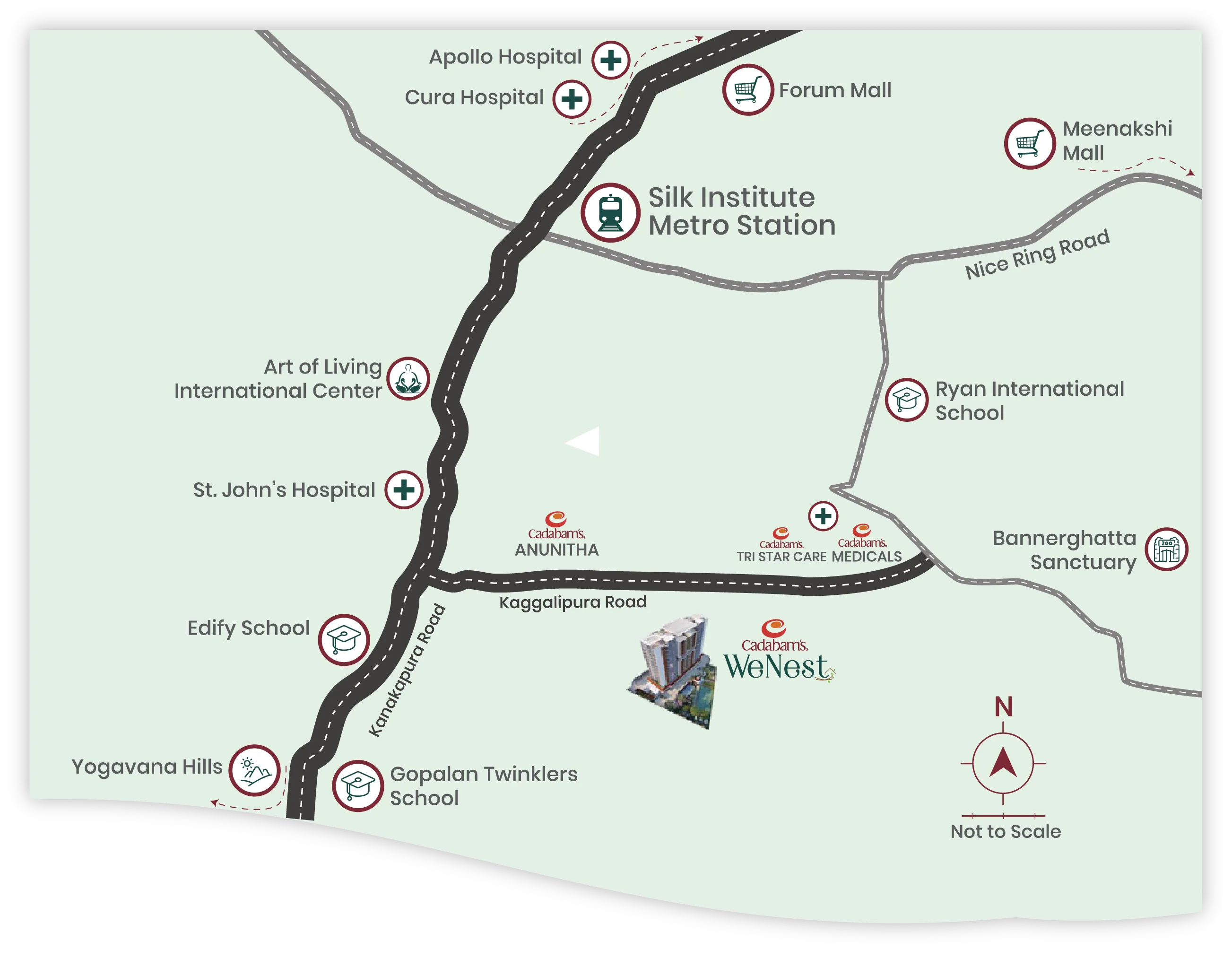Map of Cadabams WeNest off Kanakapura Road, Bengaluru — nearby hospitals, malls, metro and schools